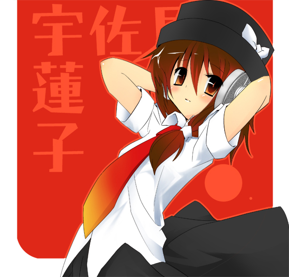 itose ikuto, usami renko, ghostly field club, touhou, 1girl, :/, arms up, black hat, black skirt, blush, bow, brown eyes, brown hair, closed mouth, collared shirt, cowboy shot, expressionless, fedora, female focus, hair between eyes, hair over shoulder, hat, hat bow, headphones, long hair, looking at viewer, low ponytail, necktie, ponytail, red background, red necktie, shirt, simple background, skirt, solo, standing, tareme, white bow, white shirt, wing collar