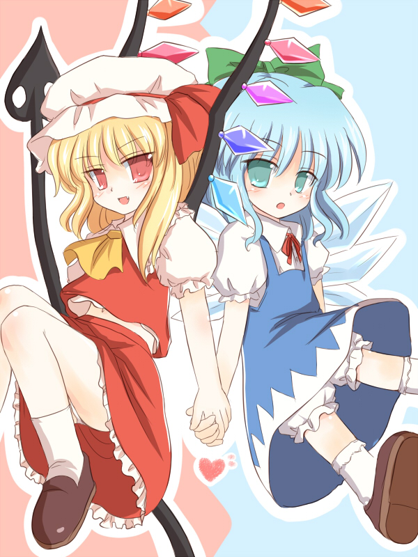 ry (yagoyago), cirno, flandre scarlet, shoot the bullet, touhou, brown footwear, white legwear, 2girls, aqua eyes, ascot, blonde hair, bloomers, blue hair, bow, child, collared shirt, dress, fang, female focus, frilled shirt collar, frilled skirt, frills, green bow, hair bow, hat, hat ribbon, holding hands, ice, ice wings, laevatein, mob cap, multiple girls, neck ribbon, open mouth, panties, pantyshot, puffy short sleeves, puffy sleeves, red eyes, red ribbon, red skirt, ribbon, shirt, shoes, short hair, short sleeves, skirt, socks, tsurime, underwear, white bloomers, white hat, white shirt, wings, yellow ascot