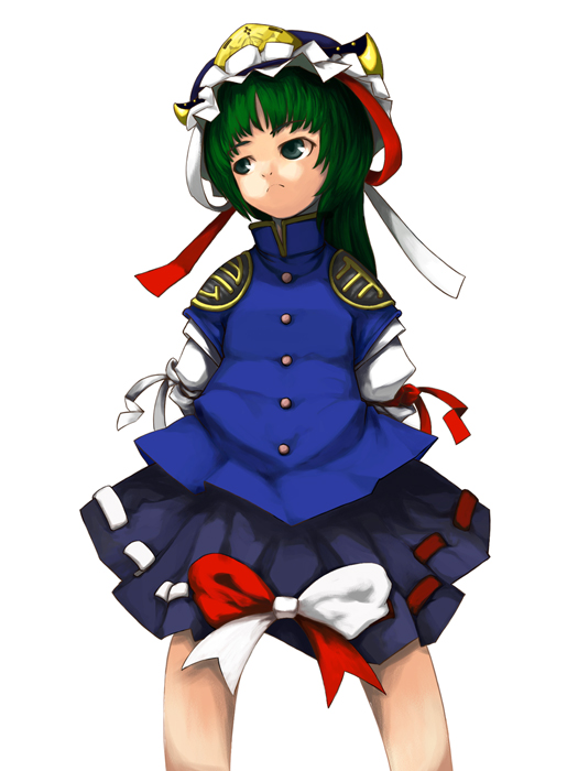 laboto, shiki eiki, touhou, 1girl, blue dress, buttons, closed mouth, dress, female focus, frills, from below, green eyes, green hair, hat, long sleeves, looking to the side, matching hair/eyes, mob cap, short hair, simple background, smile, solo, white background