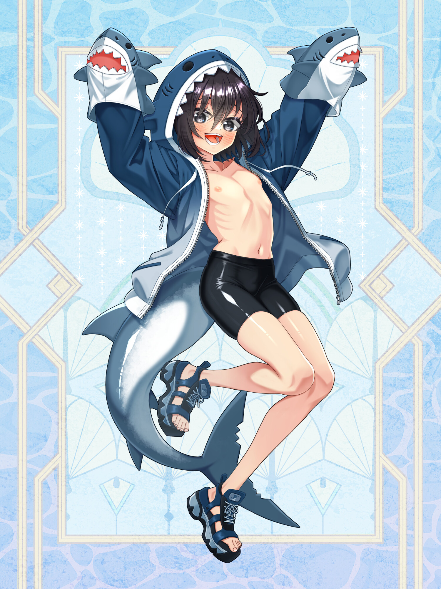 original, artist request, highres, 1girl, animal hood, bike shorts, black eyes, black hair, blue jacket, blush, eyebrows hidden by hair, fins, fish tail, flat chest, full body, hair between eyes, hand puppet, hood, jacket, jumping, looking at viewer, navel, nipples, no bra, open mouth, puppet, sandals, shark hood, shark tail, short hair, smile, solo, stomach, tail, teeth, toes, unzipped