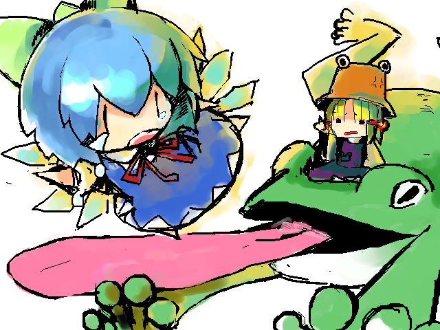 luft (luft dokka), cirno, moriya suwako, touhou, 2girls, chibi, female focus, frog, hat, multiple girls, oekaki, riding