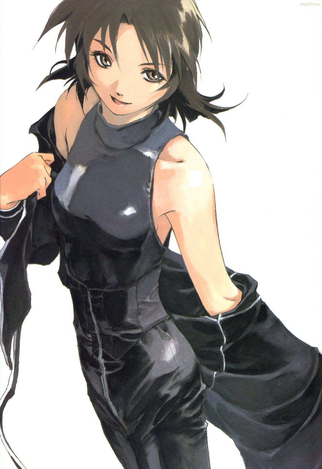 azalie cait sith, majutsushi orphen, highres, scan, tagme, bare shoulders, short hair, solo