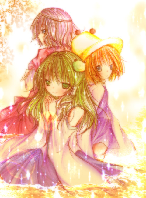 kasuga sunao, kochiya sanae, moriya suwako, yasaka kanako, touhou, 3girls, back-to-back, blonde hair, blush, detached sleeves, expressionless, female focus, green eyes, green hair, multiple girls, purple hair, sitting, smile, thighhighs, zettai ryouiki