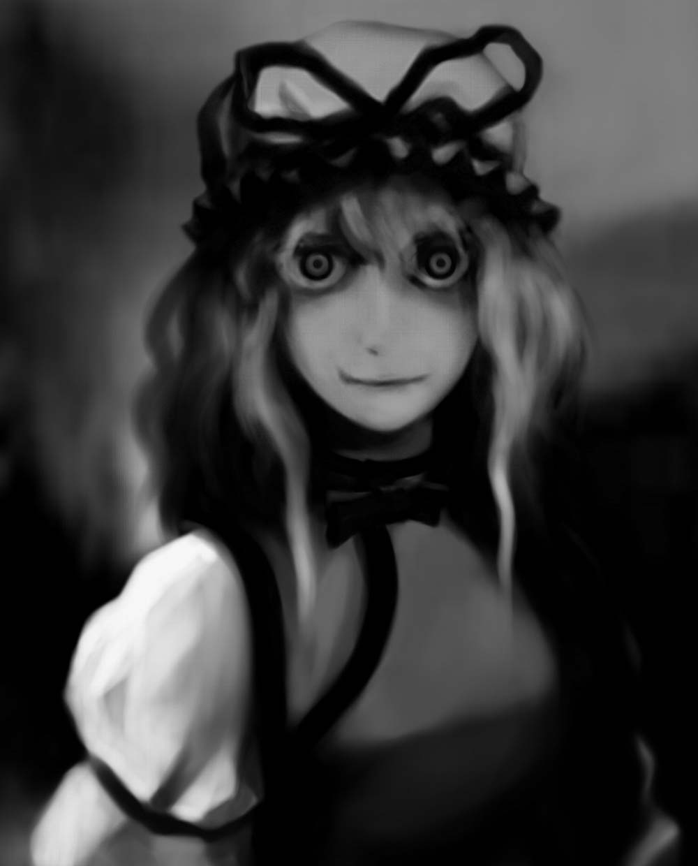 futon (kitsune tsuki), kitsune tsuki, yakumo yukari, touhou, highres, 1girl, creepy, female focus, greyscale, hair between eyes, hat, horror (theme), mob cap, monochrome, solo, staring
