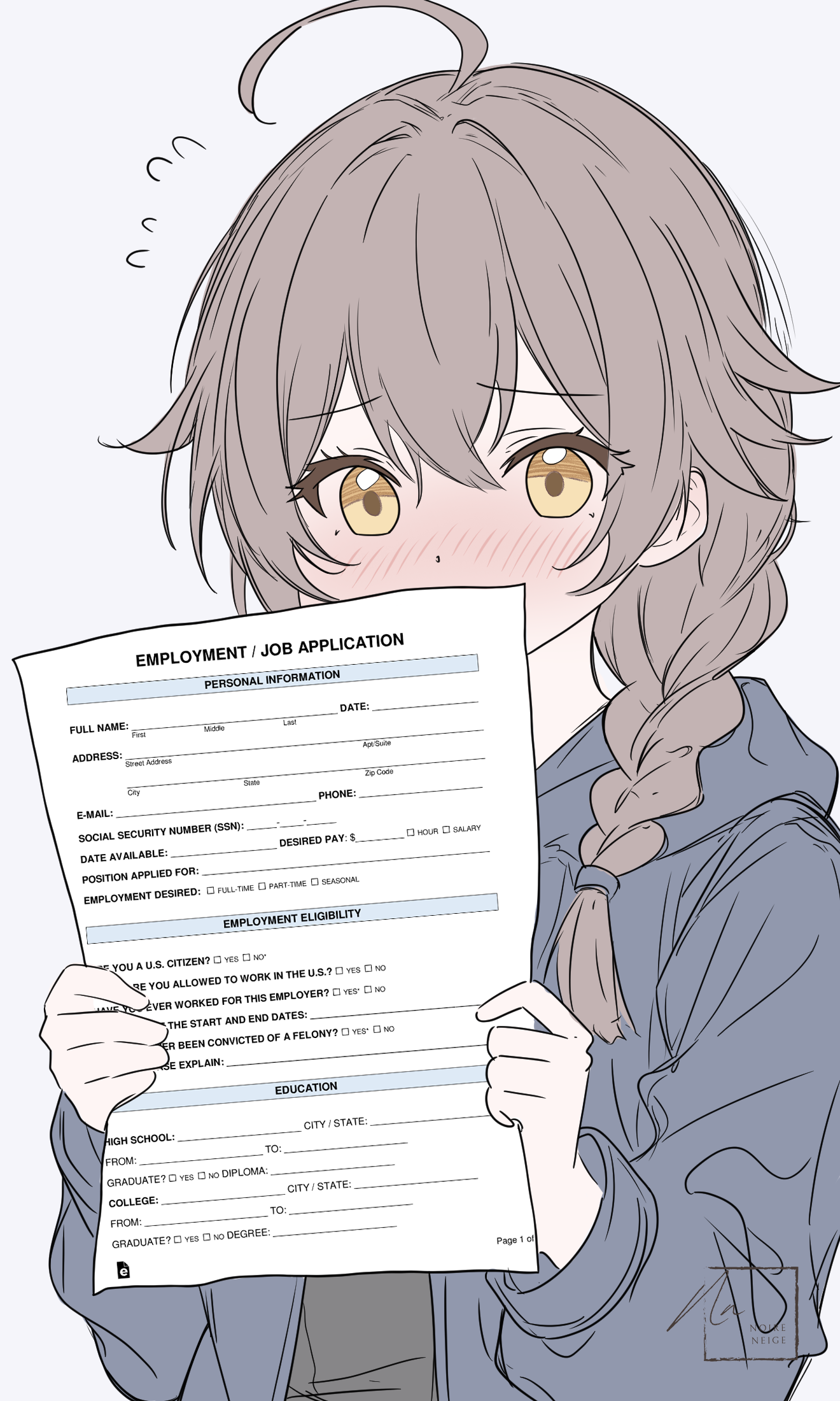 noire neige, kokona (strinova), strinova, highres, 1girl, ahoge, blush, braid, braided ponytail, brown hair, dot nose, flustered, grey background, hair between eyes, hair intakes, holding, holding paper, hood, hood down, hoodie, jacket, job application form (meme), long hair, low ponytail, open clothes, open jacket, paper, ponytail, simple background, solo, yellow eyes