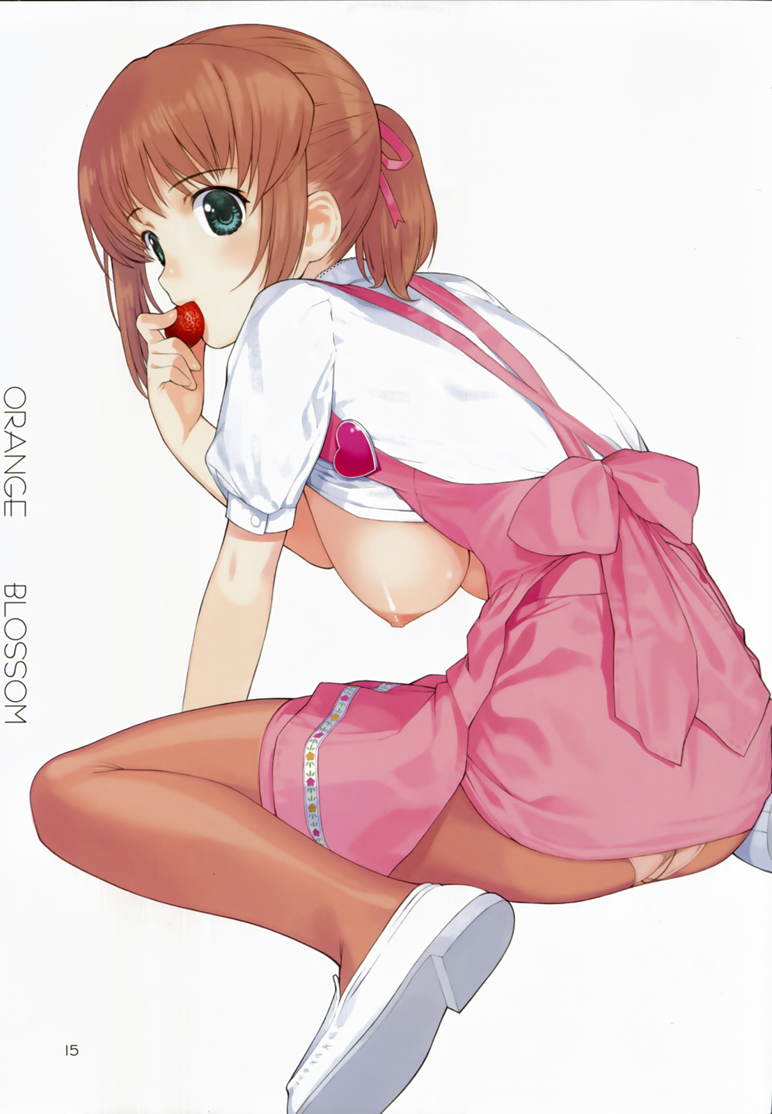 mibu natsuki, anna miller, highres, 1girl, breasts, brown hair, crotch seam, female focus, food, fruit, green eyes, hair ribbon, hanging breasts, holding, holding food, holding fruit, large breasts, looking back, nipples, no bra, open clothes, open shirt, panties, panties under pantyhose, pantyhose, pantyshot, ponytail, ribbon, shirt, sitting, solo, strawberry, underwear, waitress, white panties