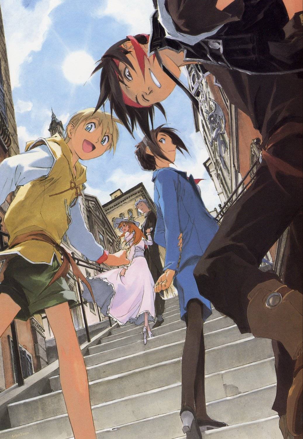 kusaka yuuya, bonnie magee, cleo everlastin, constance magee, keith royal, majic lin, orphen, majutsushi orphen, highres, jpeg artifacts, scan, 2girls, 3boys, hat, multiple boys, multiple girls, pantyhose, stairs