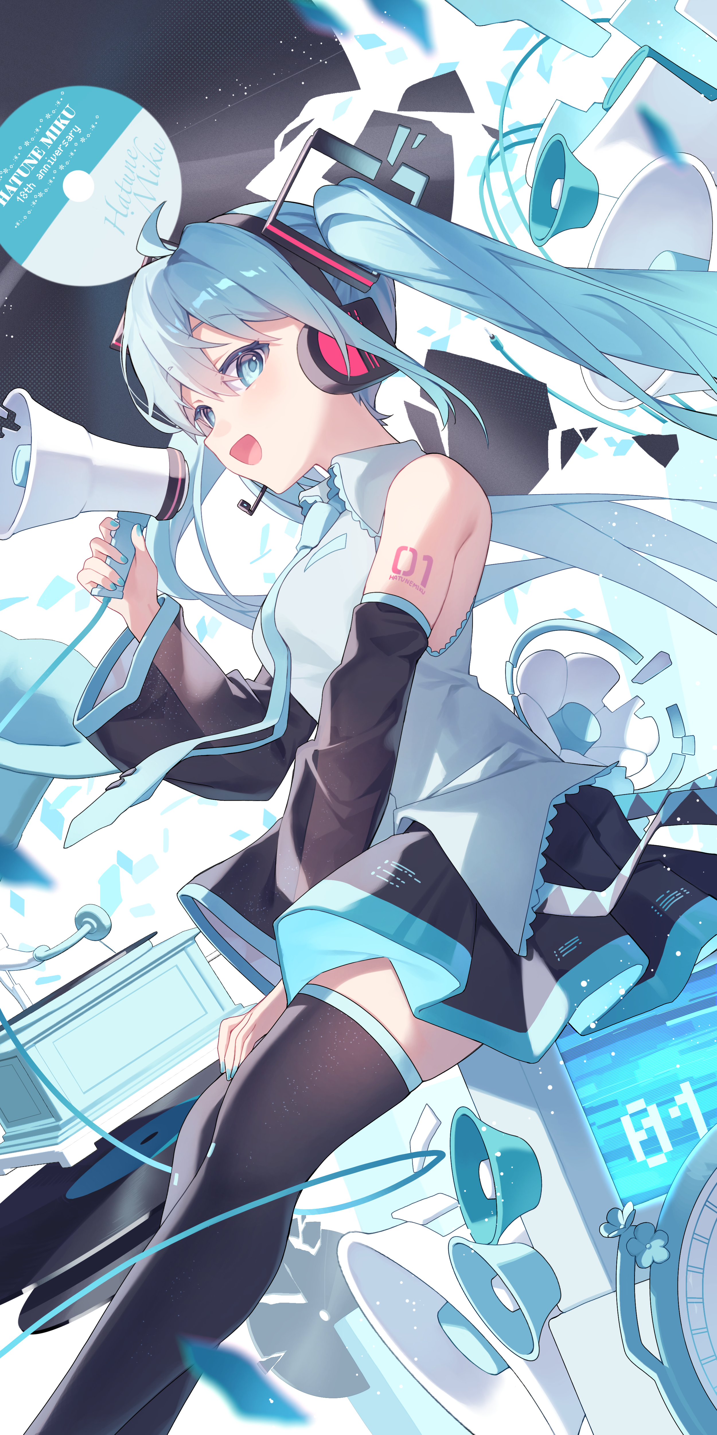 kurobikari, hatsune miku, vocaloid, absurdres, highres, 1girl, ahoge, aqua eyes, aqua hair, aqua nails, aqua necktie, aqua trim, arm tattoo, black skirt, boots, character name, collared shirt, detached sleeves, grey shirt, hair ornament, holding, holding megaphone, long sleeves, looking at viewer, megaphone, necktie, number tattoo, open mouth, pleated skirt, shirt, skirt, sleeveless, sleeveless shirt, smile, solo, tattoo, thigh boots, wide sleeves