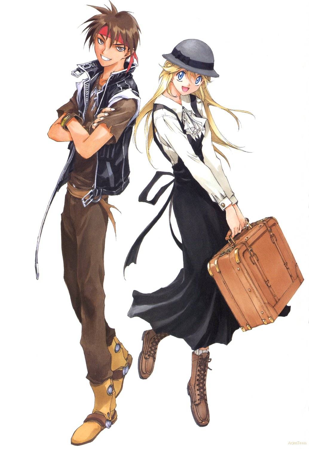 kusaka yuuya, cleo everlastin, orphen, majutsushi orphen, highres, scan, 1boy, 1girl, bag, blonde hair, blue eyes, brown hair, dress, fingerless gloves, gloves, hat, headband, long hair, open mouth