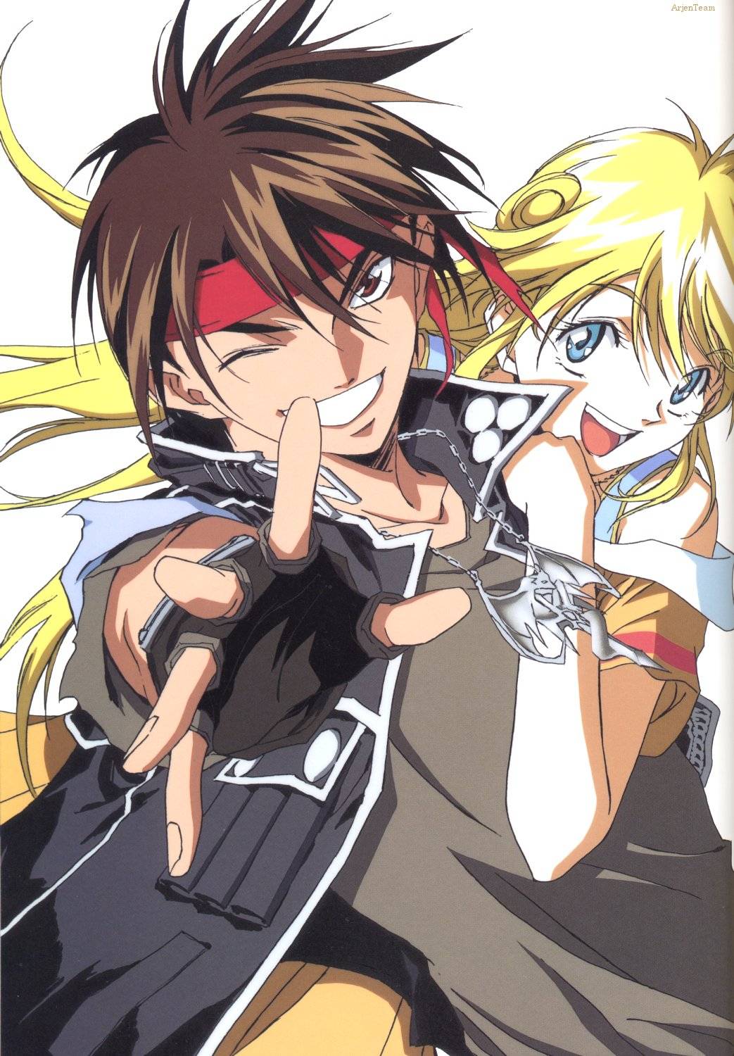 cleo everlastin, orphen, majutsushi orphen, highres, scan, 1boy, 1girl, :d, blonde hair, blue eyes, brown hair, fingerless gloves, gloves, headband, long hair, one eye closed, open mouth, outstretched arm, outstretched hand, reaching, smile