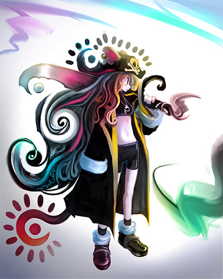 tanaka ken'ichi, captain nora, monster maker, animal ears, blonde hair, cat ears, cat tail, hat, long hair, pirate, solo, sword, tail, weapon