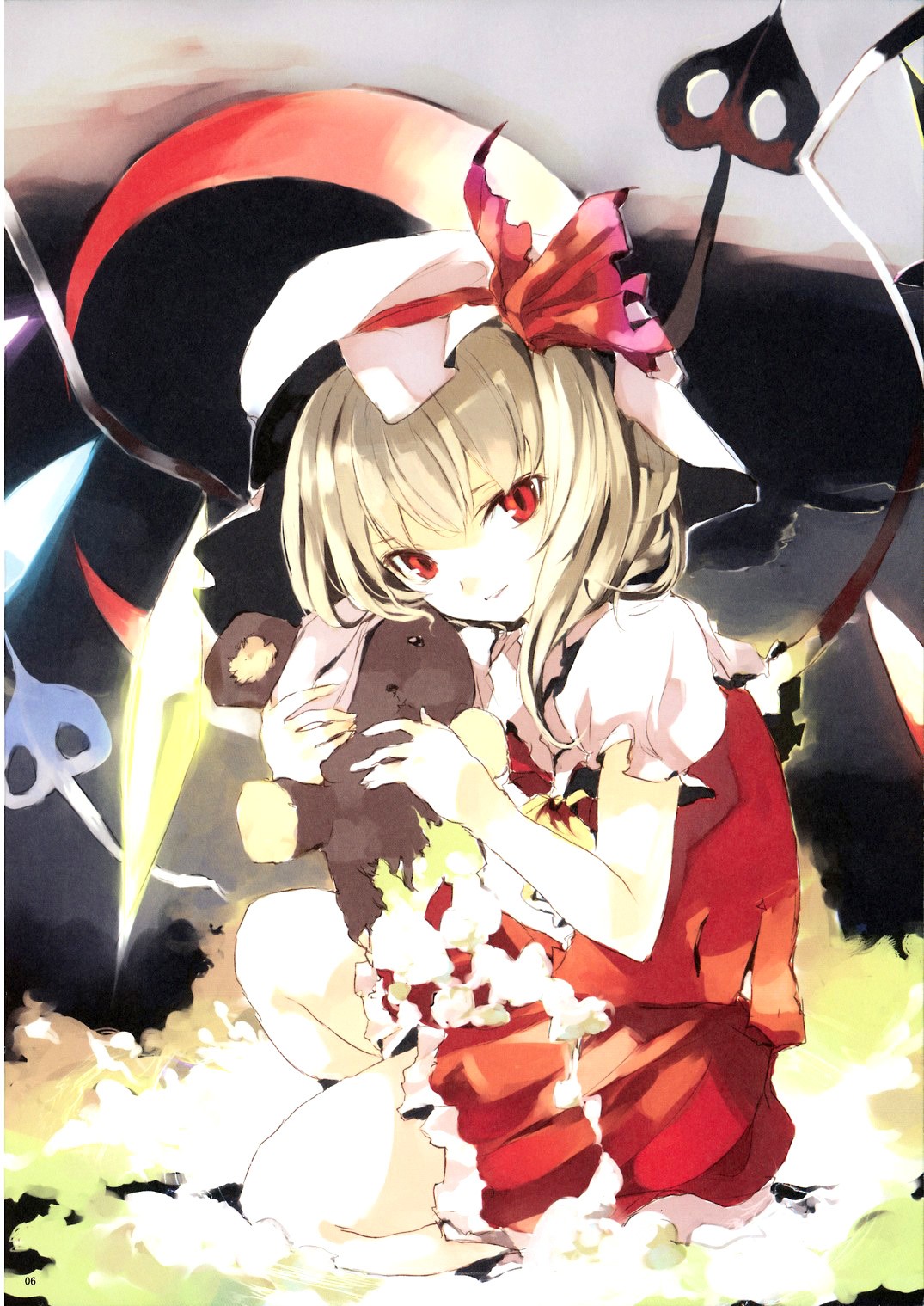 shunsei (muratou), flandre scarlet, touhou, highres, 1girl, bandages, blonde hair, bonnet, female focus, hat, kneeling, mob cap, red eyes, solo, stuffed animal, stuffed toy, teddy bear, wings