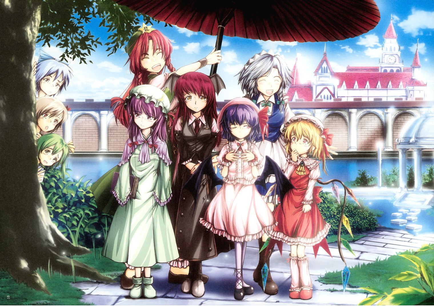 asuima, cirno, daiyousei, flandre scarlet, hong meiling, izayoi sakuya, koakuma, patchouli knowledge, remilia scarlet, rumia, embodiment of scarlet devil, touhou, silver hair, 6+girls, alternate costume, bat wings, black dress, blonde hair, blue hair, book, braid, dress, female focus, green hair, head wings, hiding, maid, multiple girls, oil-paper umbrella, purple hair, red hair, smile, tree, umbrella, wings, yellow eyes