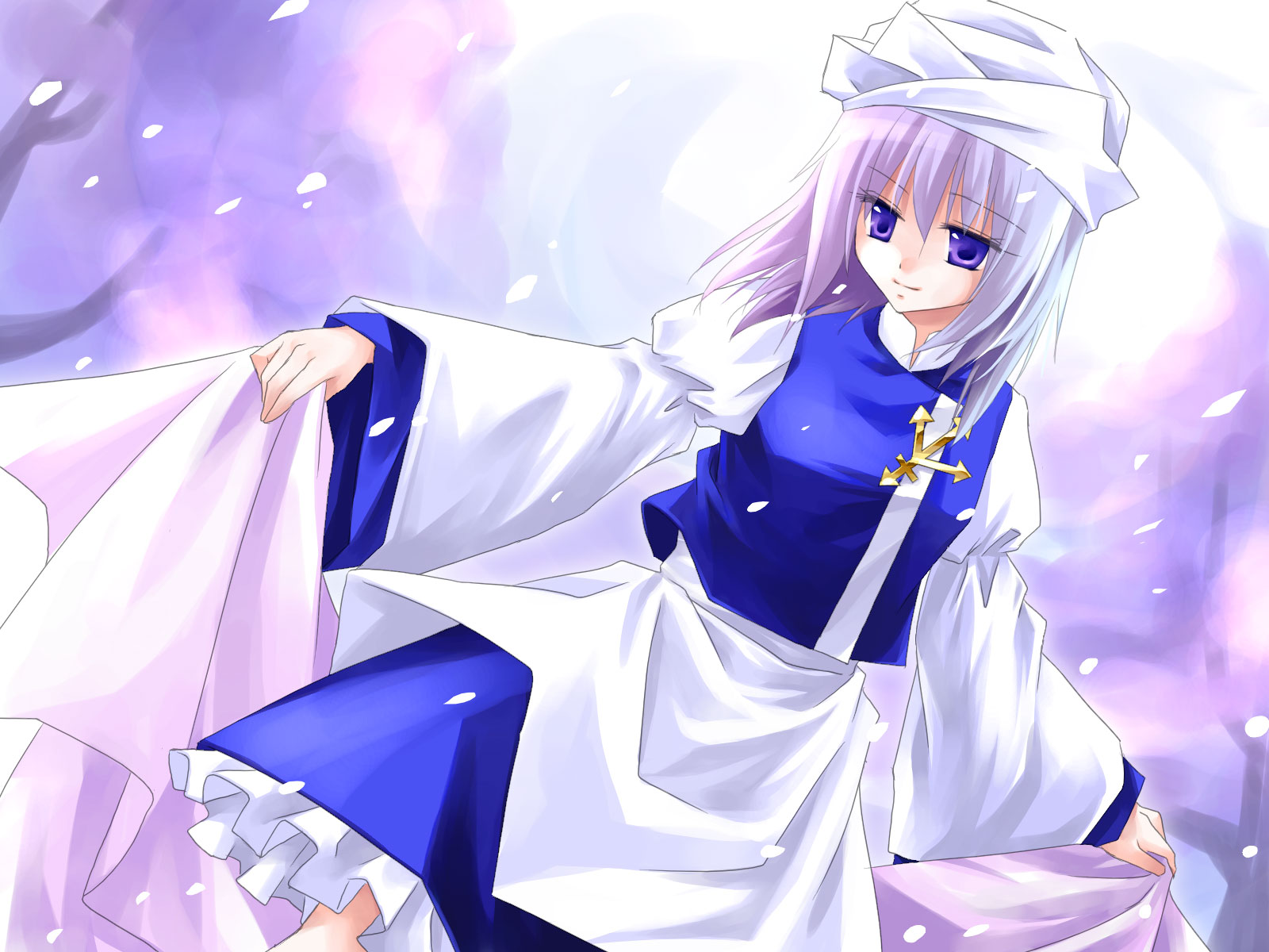 asahina, letty whiterock, touhou, highres, 1girl, female focus, hat, purple eyes, purple hair, snow, solo