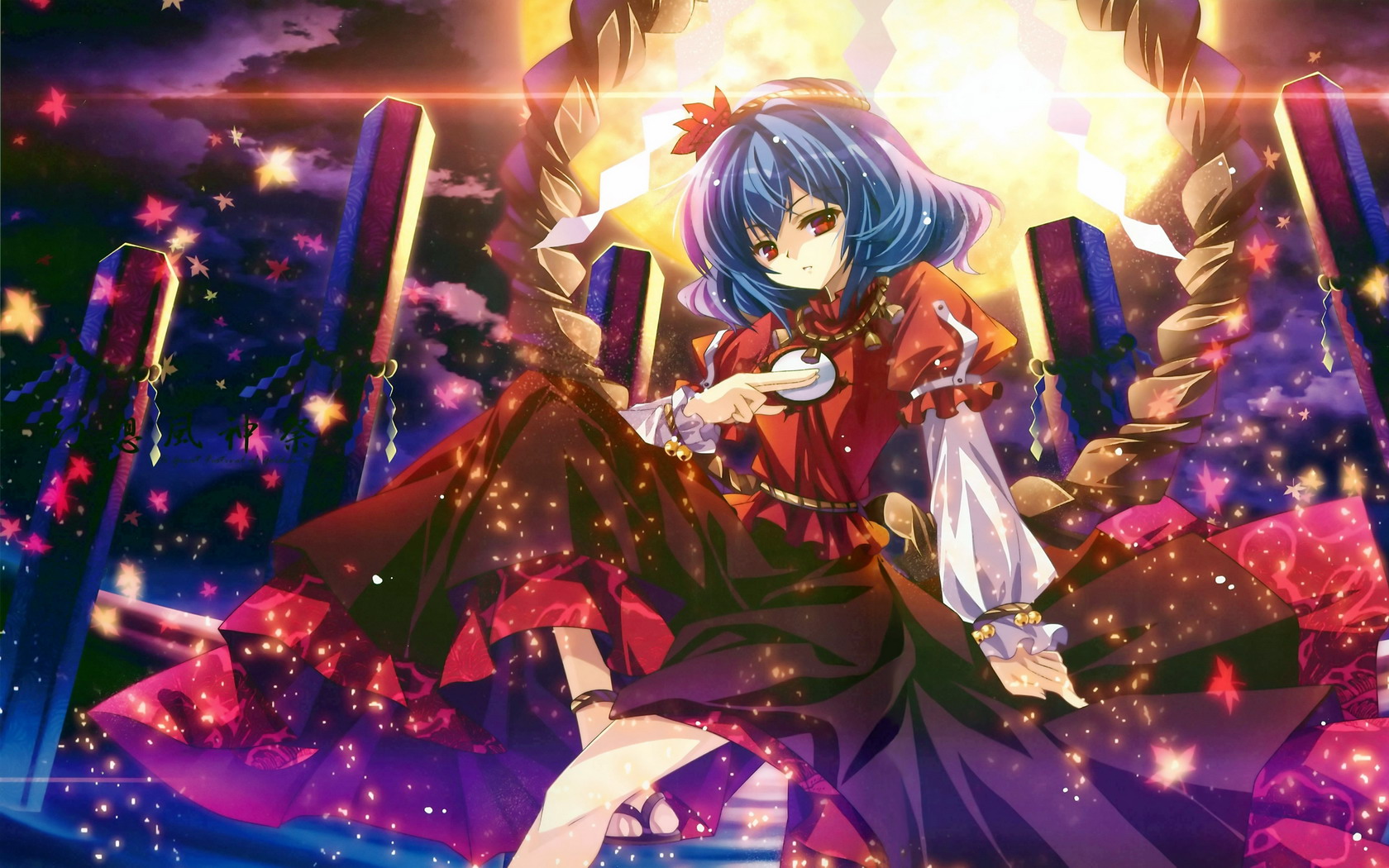 capura lin, yasaka kanako, touhou, highres, 1girl, bell, blue hair, cloud, female focus, hair ornament, lake, layered sleeves, leaf, leaf hair ornament, long sleeves, mirror, moon, night, night sky, pillar, puffy short sleeves, puffy sleeves, red eyes, red shirt, red skirt, rope, sandals, shimenawa, shirt, short hair, short over long sleeves, short sleeves, skirt, sky, solo, white sleeves, zouri