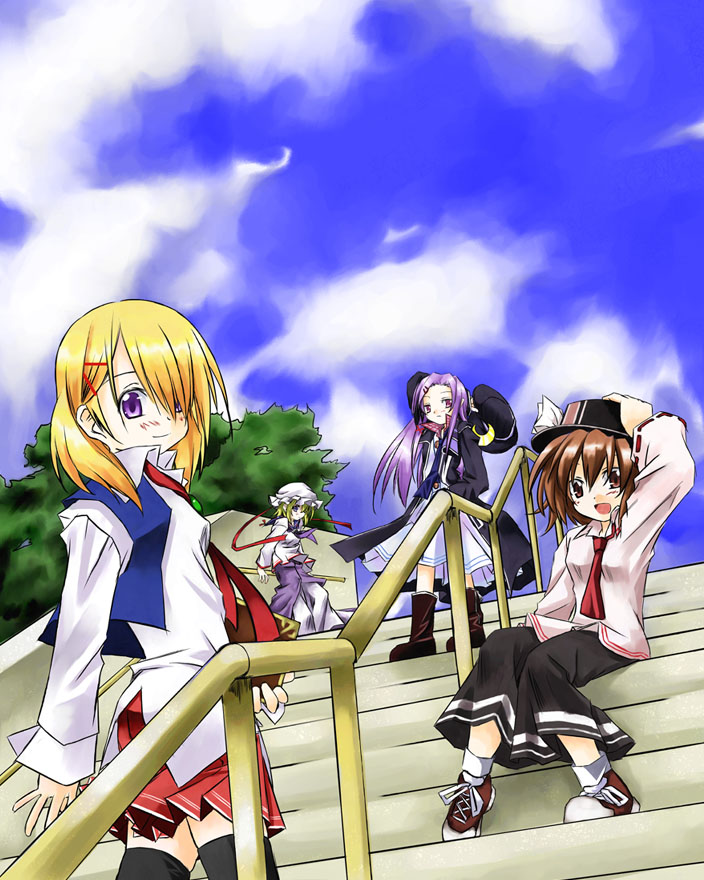 itsuhara reiji, alice margatroid, maribel hearn, patchouli knowledge, usami renko, ghostly field club, touhou, 4girls, alternate costume, blonde hair, brown eyes, brown hair, cloud, female focus, hat, long hair, multiple girls, outdoors, plant, purple eyes, purple hair, short hair, sitting, sky, standing, thighhighs