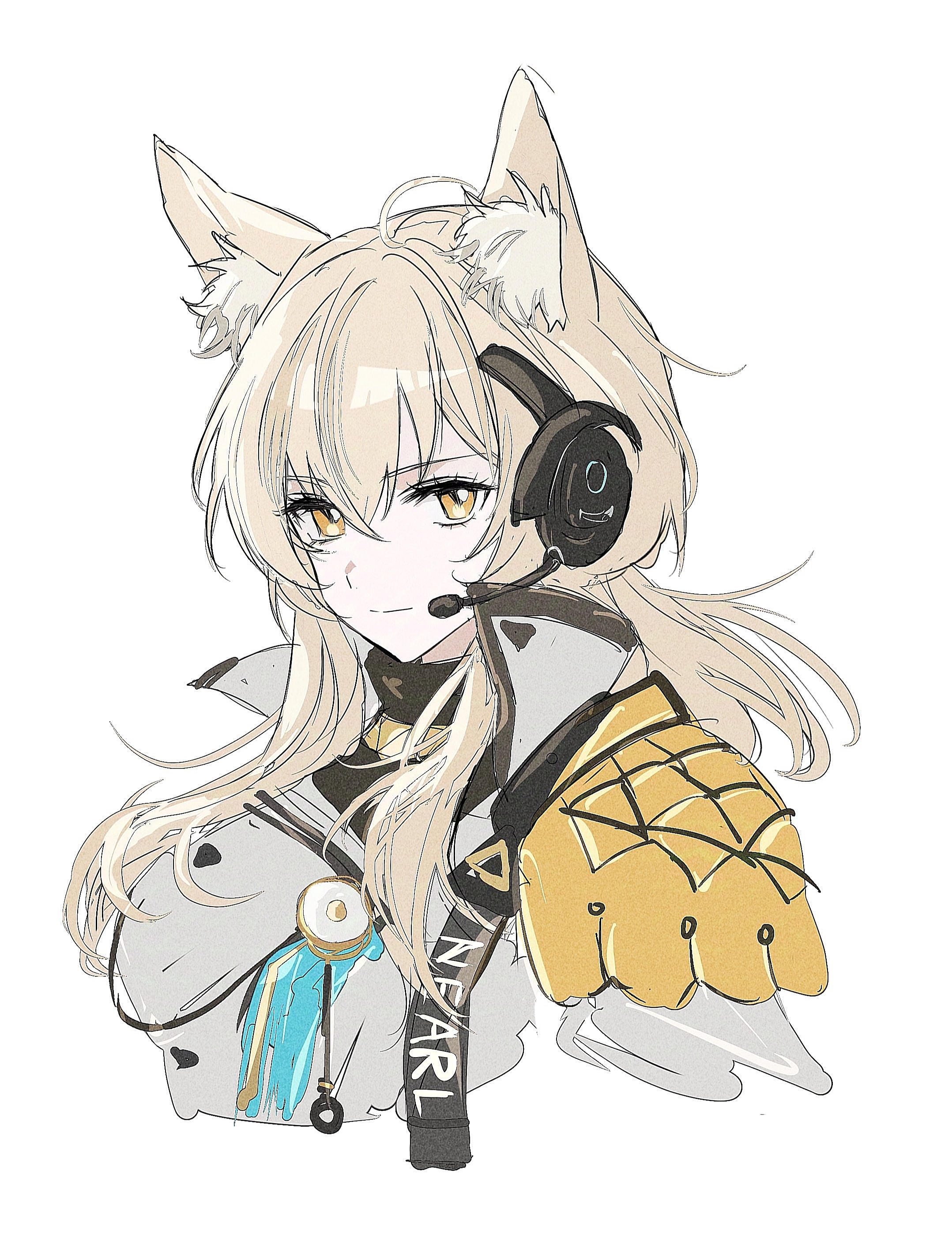 nearl (arknights), nearl the radiant knight (arknights), arknights, absurdres, highres, 1girl, animal ear fluff, animal ears, blonde hair, character name, closed mouth, cropped shoulders, hair between eyes, headset, light smile, long hair, loushiqing, simple background, solo, white background, yellow eyes