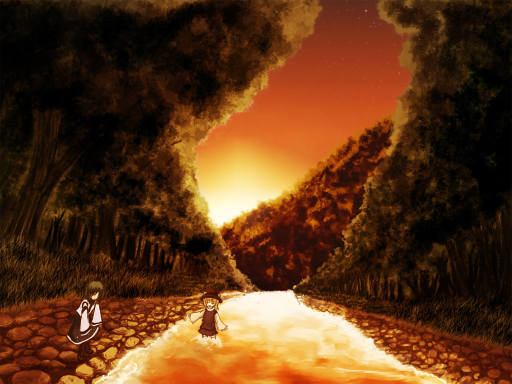 kochiya sanae, moriya suwako, touhou, bad id, 2girls, female focus, forest, multiple girls, nature, partially submerged, river, rock, scenery, sidewalk, sunset, tree, wading, water