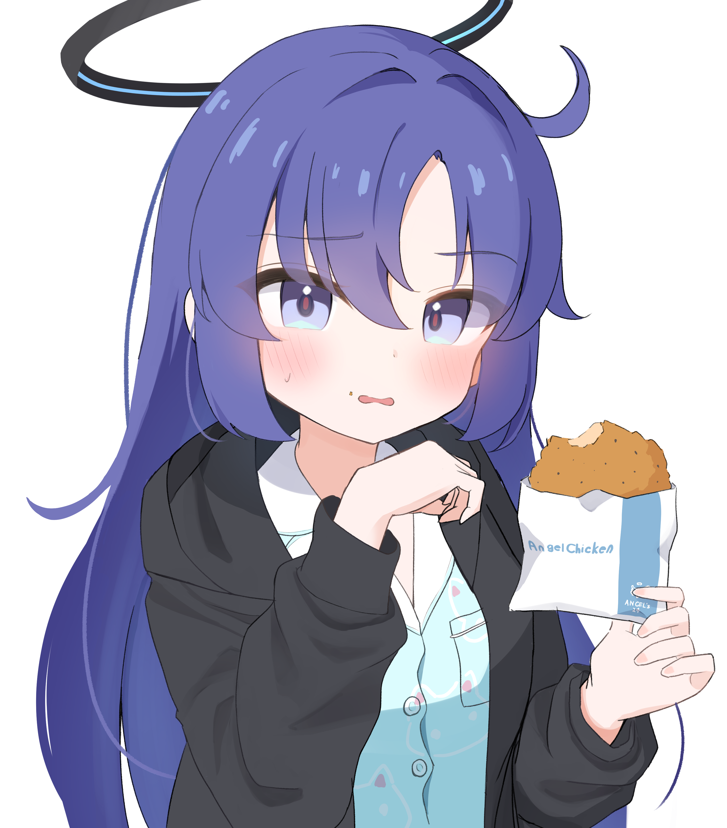 herananu117, yuuka (blue archive), yuuka (pajamas) (blue archive), blue archive, absurdres, commentary request, highres, 1girl, black halo, black jacket, blue shirt, blush, chicken (food), cowlick, food, fried chicken, hair between eyes, hair down, halo, holding, holding food, jacket, long hair, looking at viewer, mechanical halo, official alternate costume, open clothes, open jacket, peanut mouth, purple eyes, purple hair, shirt, sidelocks, simple background, solo, upper body, white background