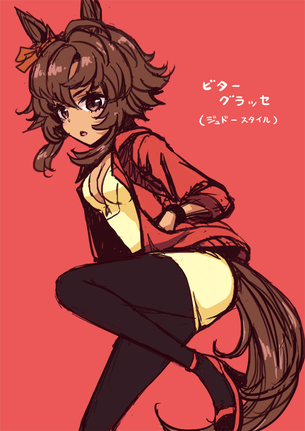 mizuki maya, bitter glasse (umamusume), umamusume, commentary, translation request, 1girl, :o, animal ears, black pantyhose, breasts, brown eyes, brown hair, cleavage, dark-skinned female, dark skin, dress, hand in pocket, high heel sandals, horse ears, horse girl, horse tail, jacket, medium breasts, open clothes, open jacket, pantyhose, red background, red jacket, red sandals, sailor dress, sandals, short hair with long locks, simple background, solo, tail, three-quarter sleeves, yellow dress