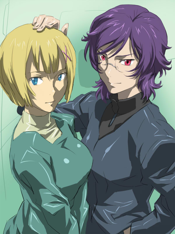 baariya, louise halevy, regene regetta, gundam, gundam 00, 00s, blonde hair, blue eyes, glasses, purple hair, red eyes