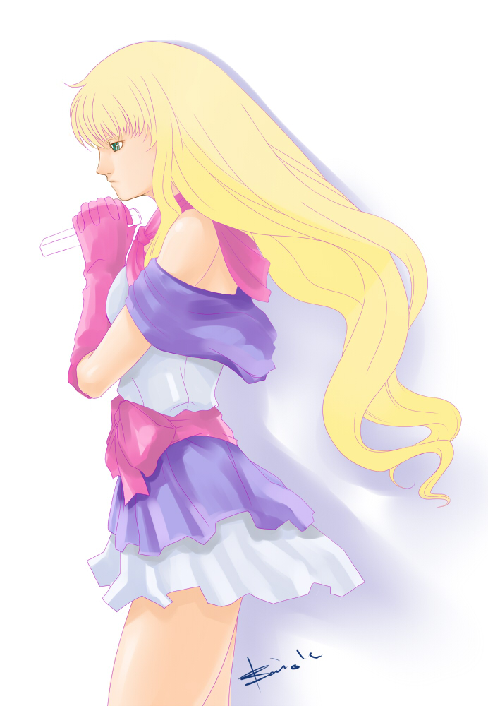 baiola, lynn minmay, sheryl nome, macross, macross frontier, 1girl, bare shoulders, blonde hair, bow, breasts, closed mouth, cosplay, cowboy shot, dress, elbow gloves, expressionless, female focus, from side, gloves, gradient background, green eyes, holding, layered dress, long hair, lynn minmay (cosplay), medium breasts, multicolored dress, own hands clasped, own hands together, pink bow, pink gloves, profile, signature, simple background, solo, standing, thighs, very long hair, white background