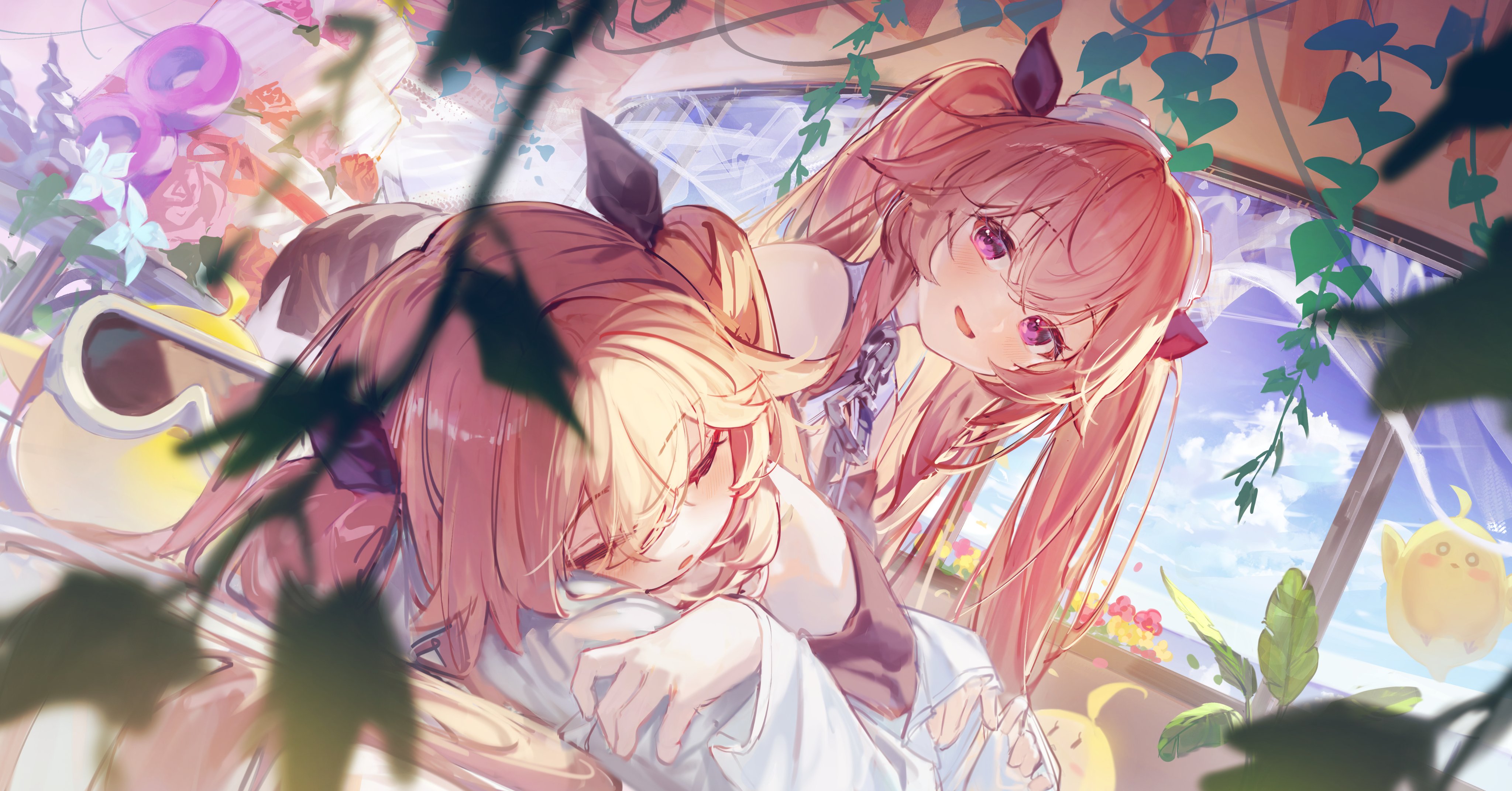 yu hydra, absurdres, highres, 2girls, bare shoulders, closed eyes, flower, hair ribbon, indoors, long hair, lying, multiple girls, open mouth, plant, purple eyes, ribbon, sleeping, smile, twintails
