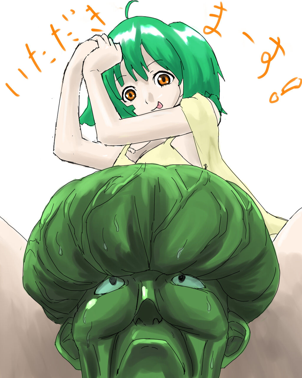 masha (masha4448), exsedol folmo, ranka lee, zentradi, macross, macross frontier, bad id, bad pixiv id, highres, translation request, 00s, :p, alien, colored skin, green hair, green skin, sweat, tongue, tongue out