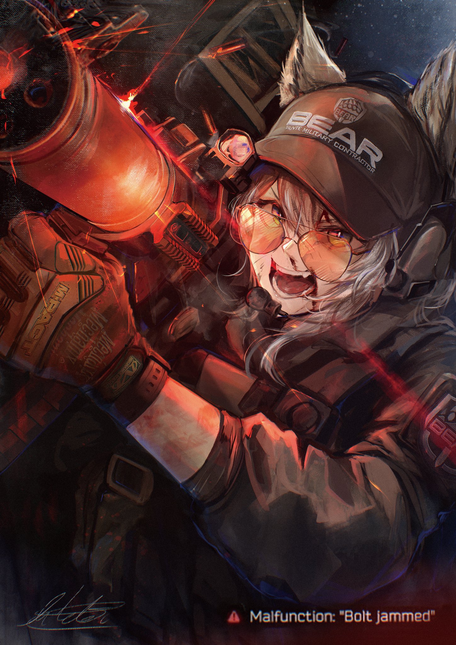 arktic, escape from tarkov, original, commentary, english commentary, highres, 1girl, animal ears, as val, assault rifle, baseball cap, blood, bulletproof vest, ear protection, english text, fangs, firing, gloves, grey hair, grey jacket, gun, hat, holding, holding gun, holding weapon, jacket, kalashnikov rifle, mechanix wear, microphone, nosebleed, open mouth, rifle, solo, sunglasses, suppressor, tactical clothes, teeth, weapon