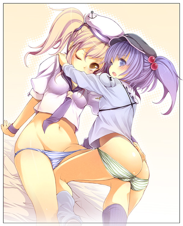 buriki, kawashiro nitori, kitashirakawa chiyuri, phantasmagoria of dim.dream, touhou, touhou (pc-98), hand on shoulder, 2girls, age difference, anchor, ass, blonde hair, blue eyes, blush, border, bottomless, brown eyes, female focus, groin, hair bobbles, hair ornament, hand on own ass, hat, leg between thighs, loli, multiple girls, navel, no pants, one eye closed, onee-loli, panties, panty pull, purple hair, sailor collar, sailor hat, socks, striped clothes, striped panties, twintails, two side up, underwear, wink, wrist cuffs, yuri
