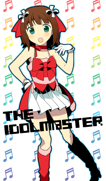 jimeko, amami haruka, idolmaster, idolmaster (classic), idolmaster 1, 00s, 1girl, :o, braid, breasts, brown hair, camisole, cleavage, collarbone, copyright name, cute & girly (idolmaster), female focus, gloves, green eyes, hand on own chest, looking at viewer, musical note, noel angelic (idolmaster), open mouth, pleated skirt, single braid, skirt, small breasts, solo, standing, white background, white gloves, white skirt
