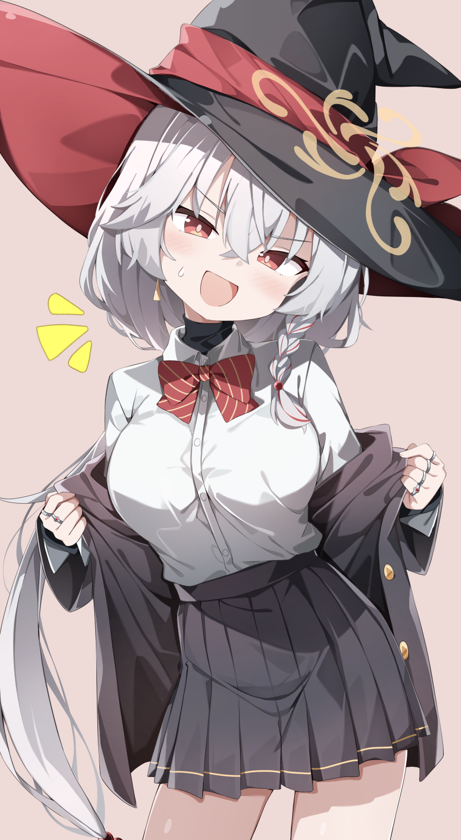sabana, eri (blue archive), blue archive, commentary request, highres, partial commentary, 1girl, bow, breasts, halo, hat, large breasts, long hair, pleated skirt, red eyes, shirt, skirt, solo, white shirt, witch hat, yellow halo