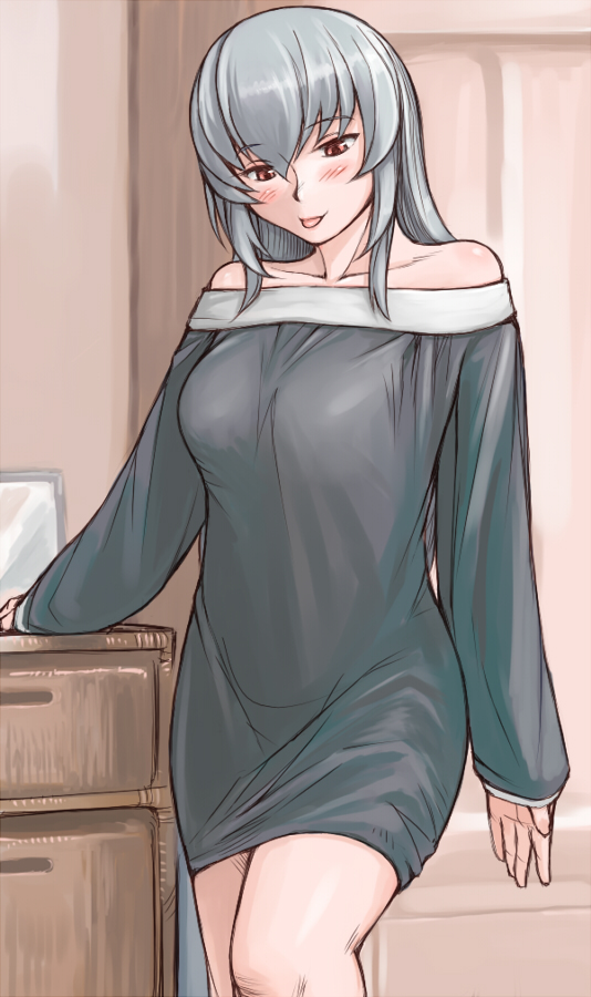 tsuda nanafushi, suigintou, rozen maiden, non-web source, 00s, 1girl, :p, aged up, bare shoulders, blush, breasts, dress, female focus, grey hair, large breasts, pink eyes, solo, tongue, tongue out