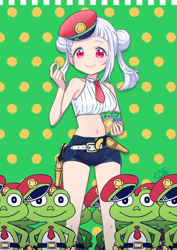 mizuki maya, arashi chisato, love live!, love live! superstar!!, commentary, 1girl, bare shoulders, blue shirt, cropped shirt, double bun, feet out of frame, food, green background, hair bun, hat, holding, holding food, long hair, navel, necktie, red hat, red necktie, shirt, short shorts, shorts, sleeveless, sleeveless shirt, snack, stomach, twintails, white hair, white shirt