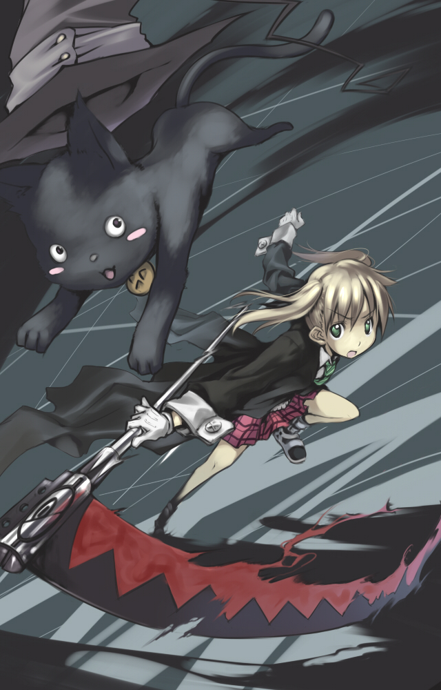 midori no ruupe, blair (cat) (soul eater), blair (soul eater), maka albarn, soul eater, 00s, 1girl, black cat, blonde hair, blush stickers, cat, coat, gloves, green eyes, green necktie, hat, miniskirt, necktie, plaid clothes, plaid skirt, school uniform, scythe, serafuku, skirt, twintails, witch hat