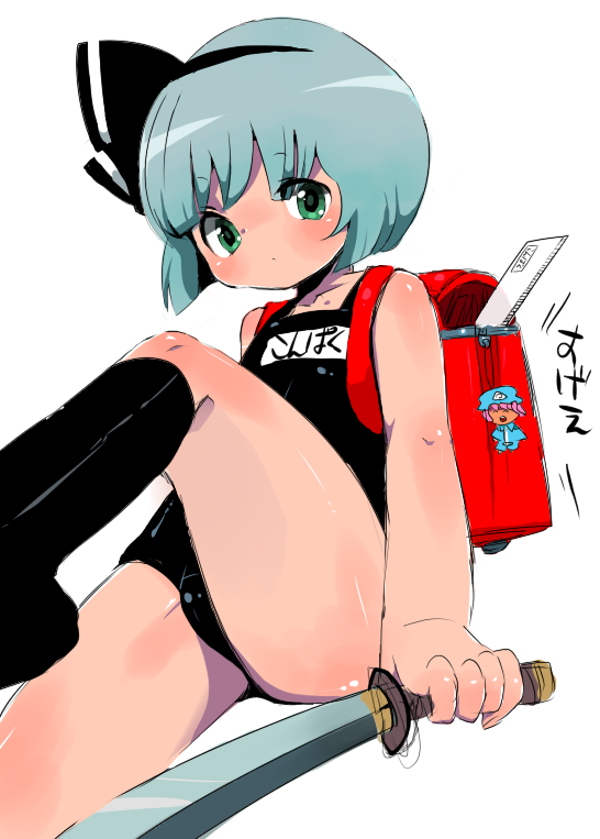 ichihaya, konpaku youmu, touhou, 1girl, black one-piece swimsuit, female focus, flat chest, loli, name tag, one-piece swimsuit, school swimsuit, solo, swimsuit