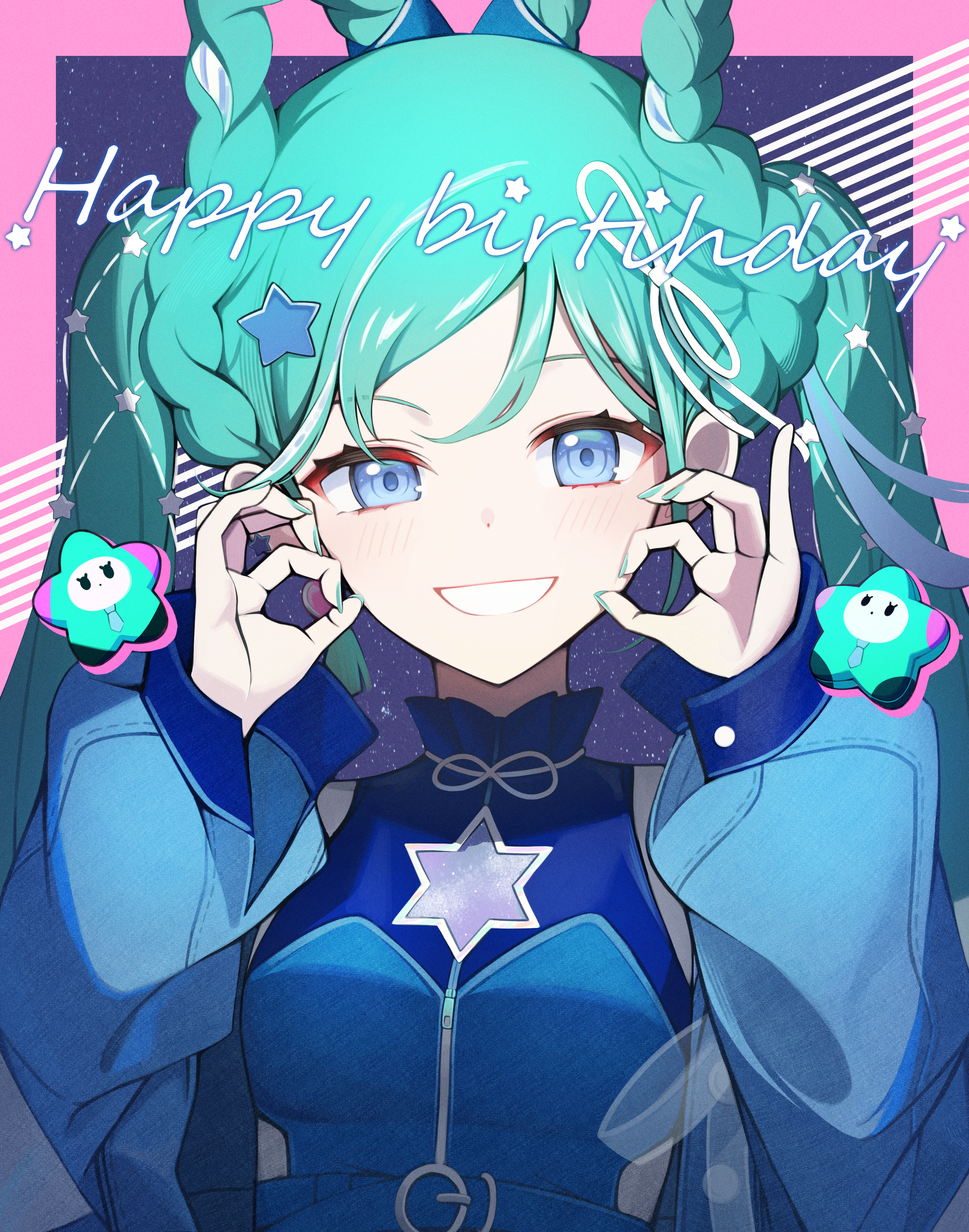 sora (men0105), hatsune miku, magical mirai miku, magical mirai miku (2025), magical mirai (vocaloid), vocaloid, absurdres, highres, 1girl, aqua hair, aqua nails, blue eyes, blush, braid, braided hair rings, crop top, earrings, hair ornament, hair rings, happy birthday, heart, heart earrings, jacket, jewelry, long hair, long sleeves, looking at viewer, open clothes, open jacket, open mouth, single earring, smile, solo, star (symbol), star hair ornament, twintails, upper body, very long hair