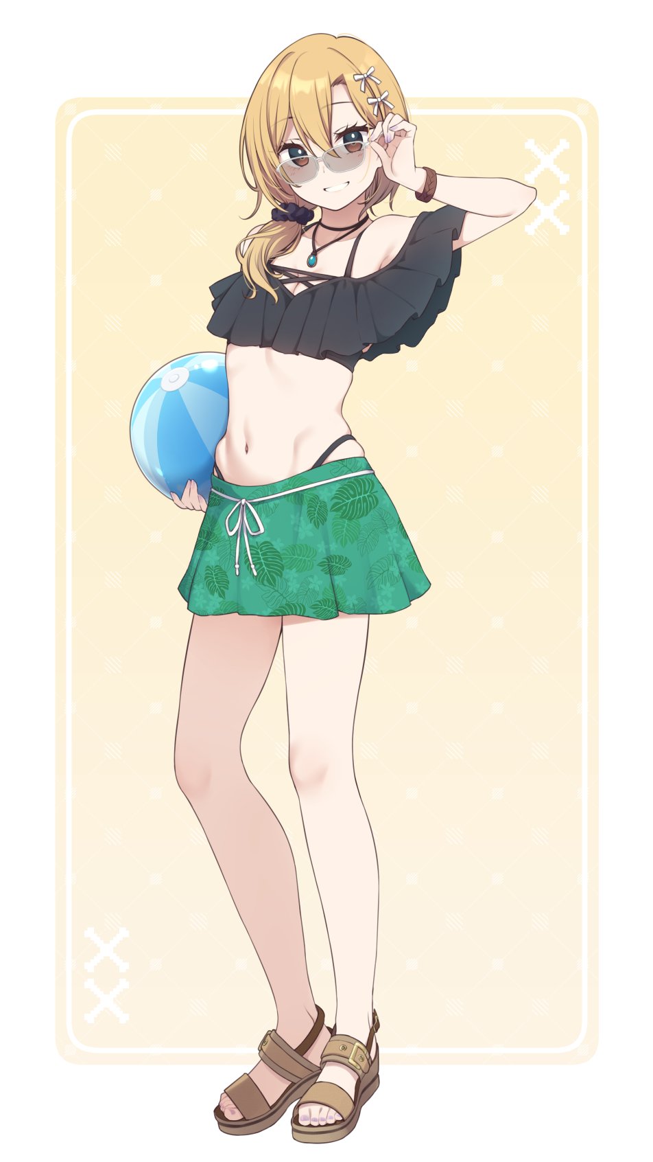 nagami yuu, original, commentary, highres, symbol-only commentary, 1girl, ball, beachball, bikini, black bikini, black scrunchie, blonde hair, border, bow, brown background, brown eyes, brown sandals, collarbone, eyewear on head, frilled bikini, frills, full body, hair between eyes, hair bow, hair ornament, hair over shoulder, hair scrunchie, hand up, highleg, highleg bikini, holding, holding ball, jewelry, long hair, looking at viewer, low ponytail, navel, off-shoulder bikini, off shoulder, pendant, ponytail, sandals, scrunchie, smile, solo, standing, swimsuit, white border, white bow
