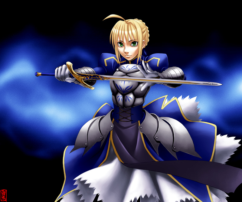 shiraki (artist), artoria pendragon (fate), saber (fate), fate/stay night, fate (series), 00s, armor, armored dress, braid, braided bun, dress, hair bun, solo, sword, weapon