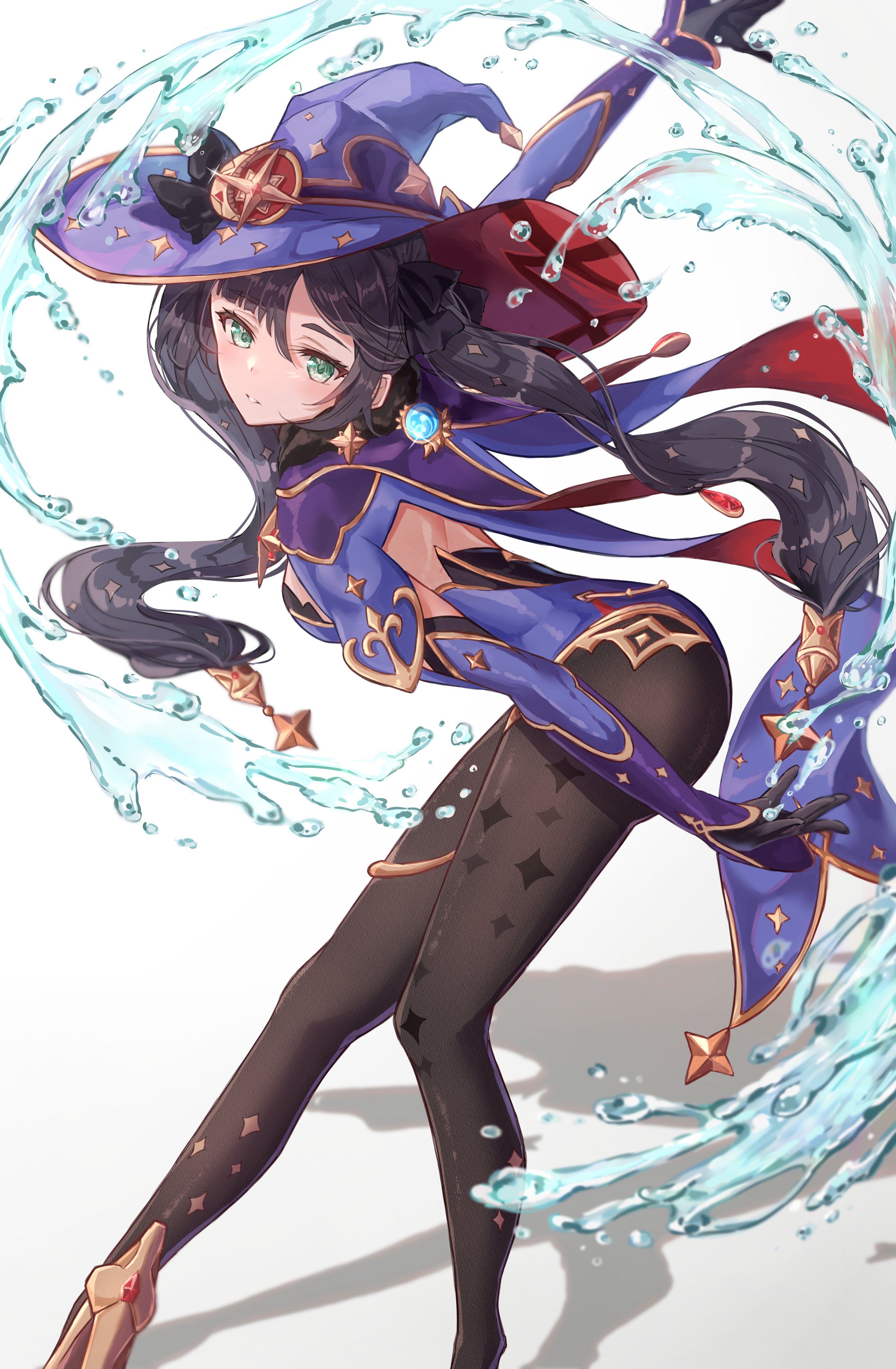 minausa, mona (genshin impact), genshin impact, absurdres, highres, 1girl, ass, black gloves, black hair, black pantyhose, floating hair, gloves, green eyes, hat, long hair, long sleeves, looking at viewer, pantyhose, parted lips, shadow, simple background, solo, twintails, very long hair, vision (genshin impact), water, white background, witch hat