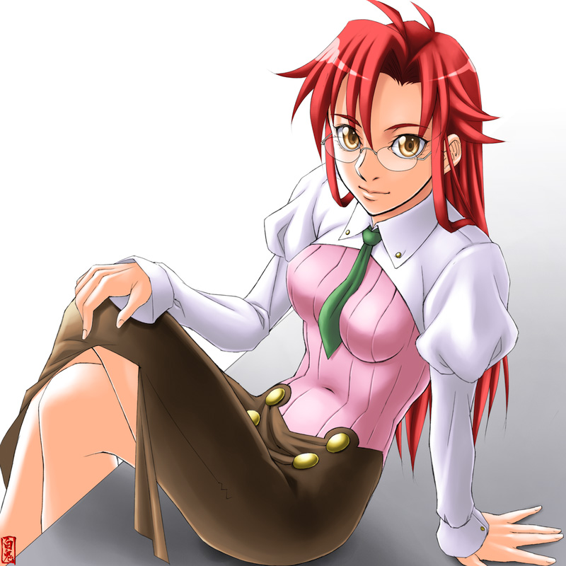 shiraki (artist), yoko littner, yomako, tengen toppa gurren lagann, 00s, aged up, arm support, crossed legs, glasses, long hair, long skirt, necktie, red hair, sitting, skirt, solo, teacher, yellow eyes