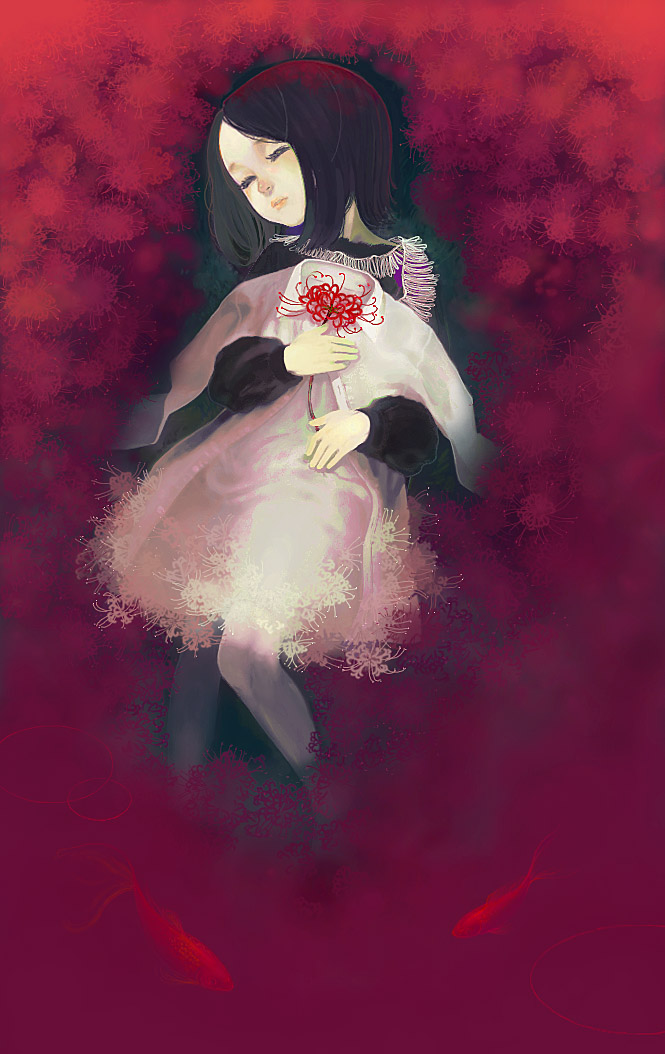 ichikawa, original, black hair, closed eyes, fish, flower, ripples, short hair, sleeping, solo