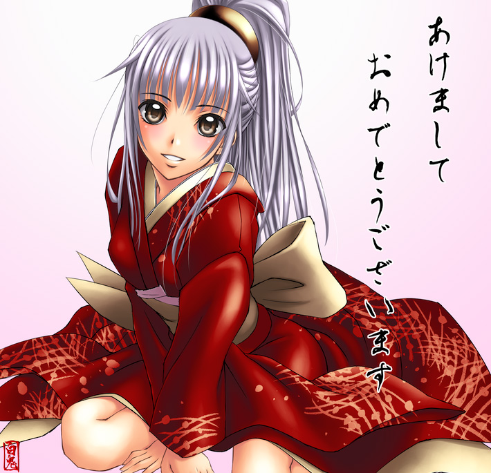 shiraki (artist), cross hermit, silver hair, 1girl, :d, blush, dress, female focus, floral print, green eyes, japanese clothes, long sleeves, looking at viewer, looking up, open mouth, parted lips, ponytail, red dress, sitting, smile, solo, yokozuwari