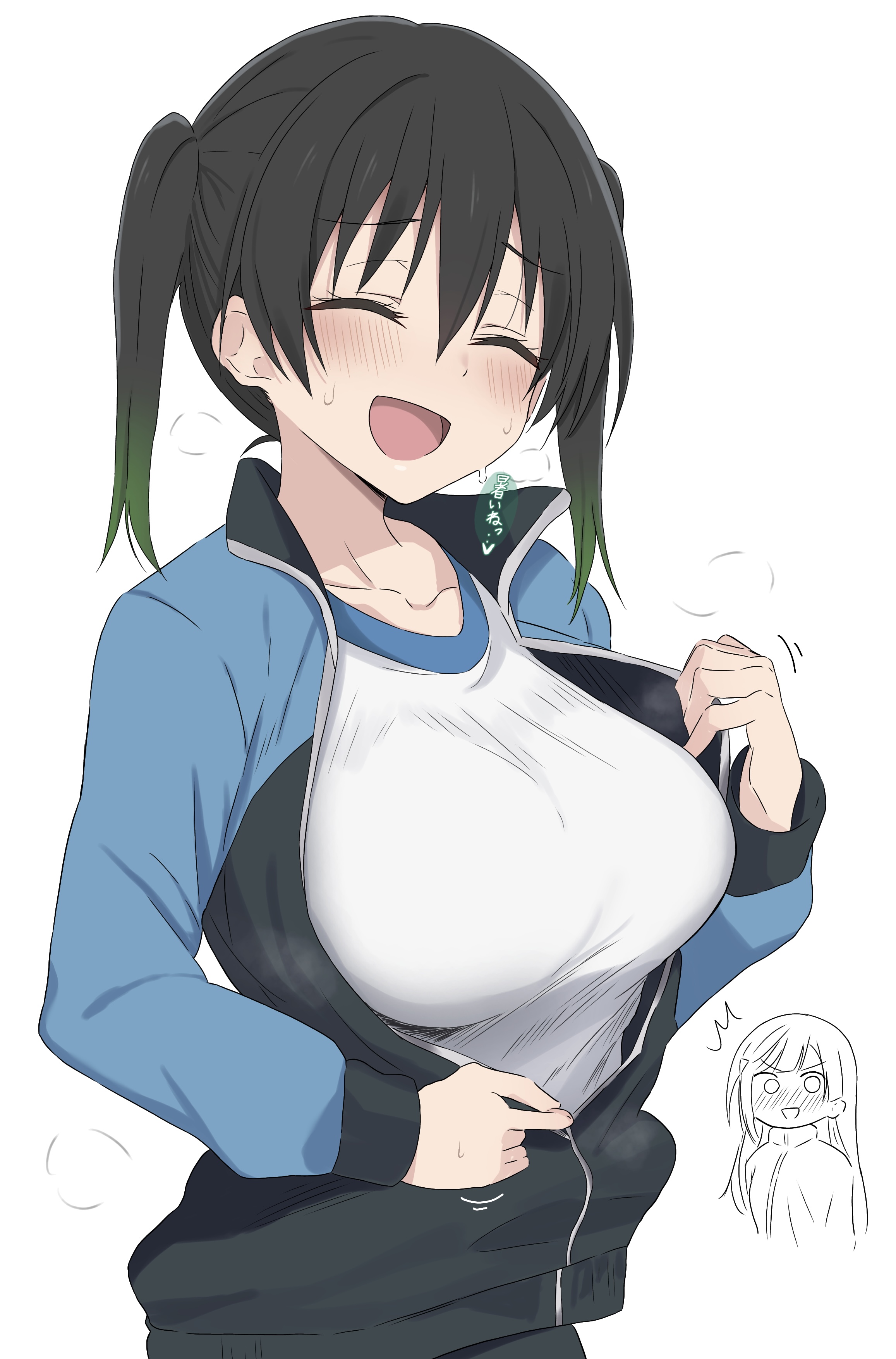 ikesho0612, takasaki yu, yuki setsuna, love live!, love live! nijigasaki high school idol club, absurdres, commentary, highres, 2girls, black hair, black jacket, blue jacket, blush, breasts, closed eyes, gradient hair, green hair, jacket, large breasts, long hair, long sleeves, multicolored hair, multiple girls, open mouth, shirt, simple background, smile, solo focus, track jacket, twintails, unzipping, white background, white shirt