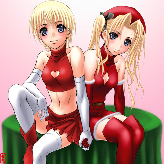 shiraki (artist), cross hermit, white legwear, 2girls, armor, beret, blonde hair, blue eyes, blush, censored, cleavage cutout, clothing cutout, dress, hat, heart, heart censor, japanese armor, knees up, long hair, looking at viewer, midriff, multiple girls, navel, red dress, short hair, shoulder armor, sitting, smile, sode, stomach, thighhighs, zettai ryouiki