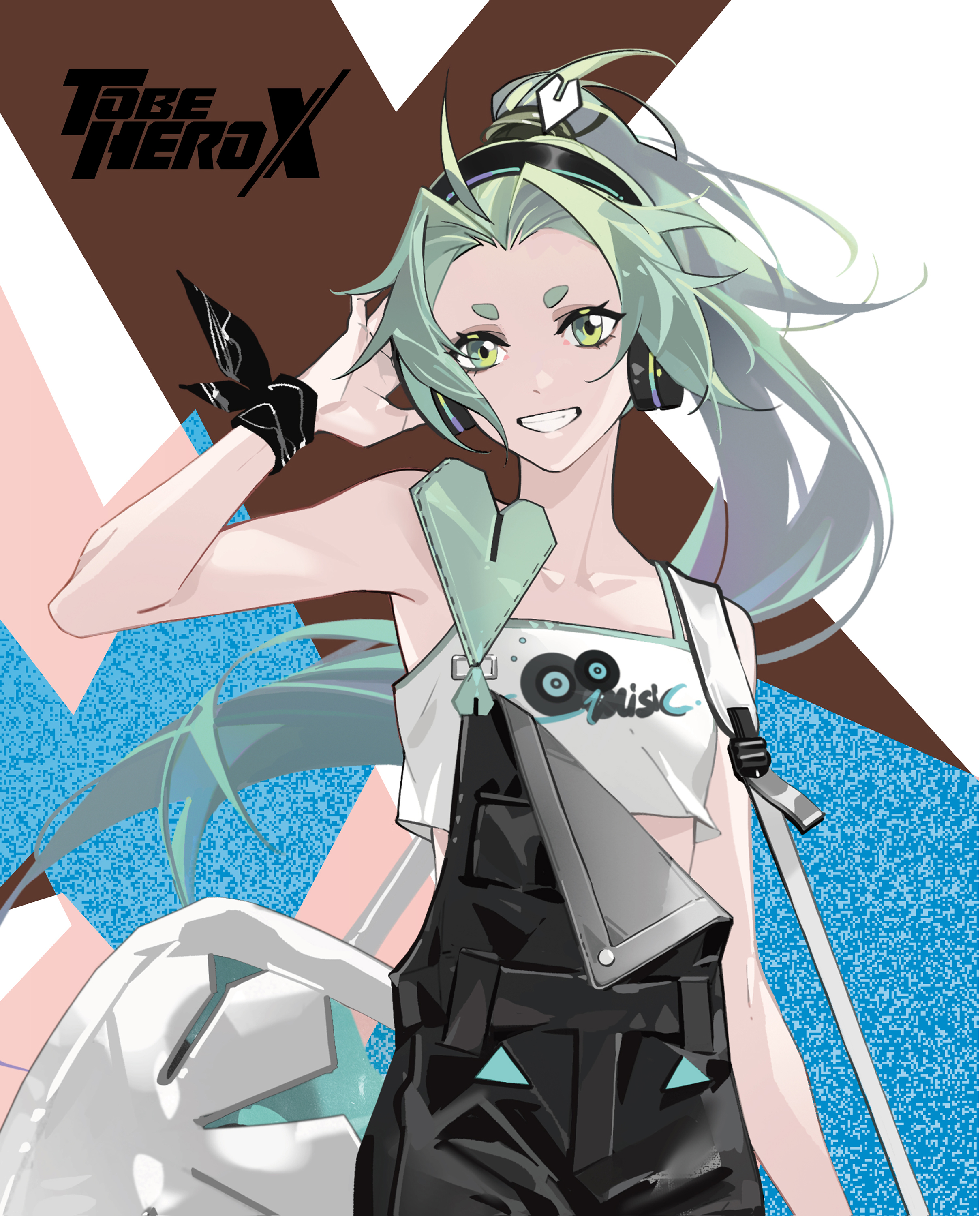 lucky cyan (to be hero x), to be hero, to be hero x, absurdres, highres, official art, 1girl, aqua hair, black overalls, crop top, green eyes, headphones, heart-shaped ornament, overalls, ponytail, ribbon, wrist ribbon