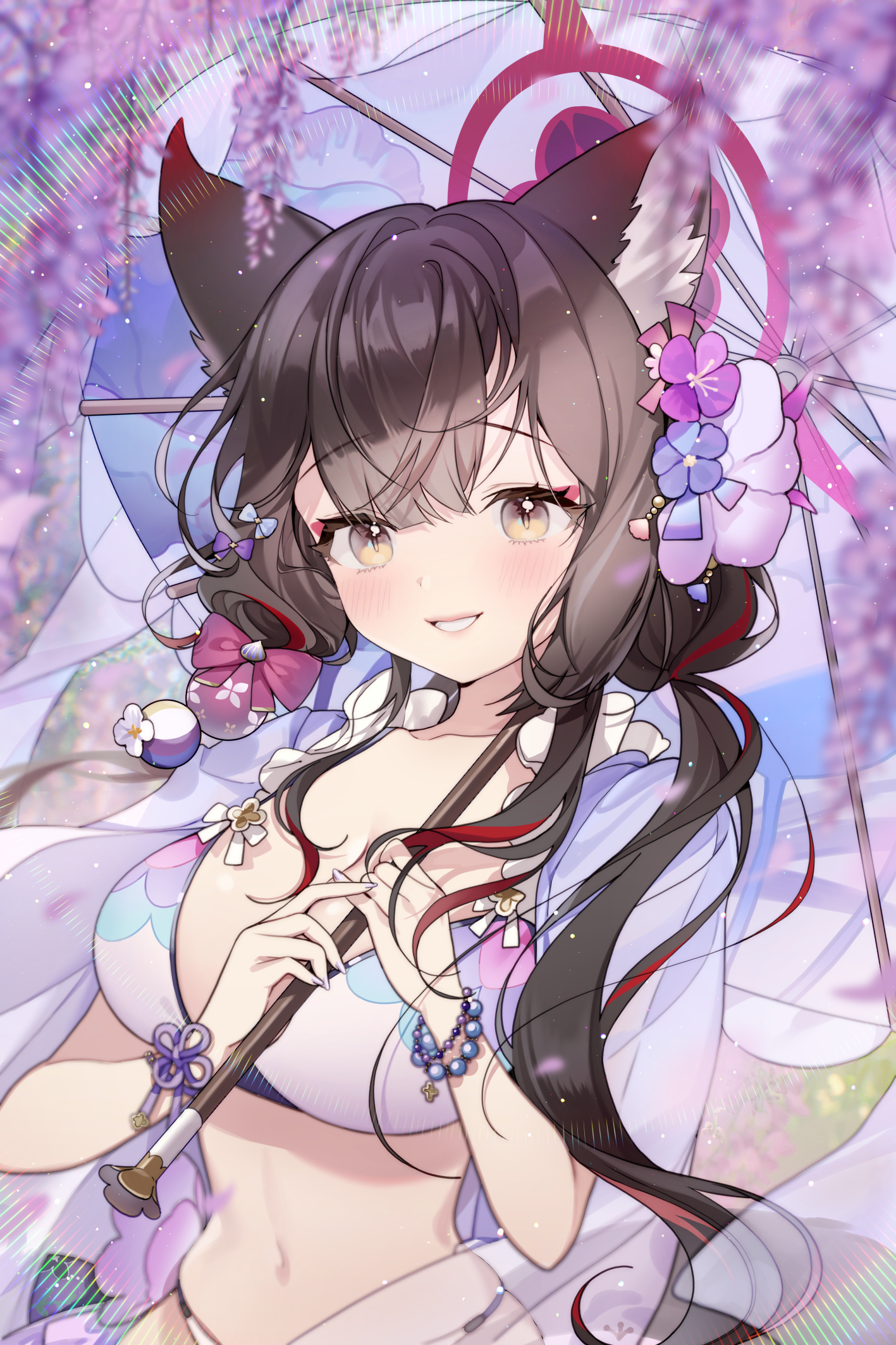 wakamo (blue archive), wakamo (swimsuit) (blue archive), blue archive, commentary, highres, 1girl, :d, animal ear fluff, animal ears, bikini, black hair, bow, bracelet, breasts, cleavage, collarbone, eyeshadow, flower, fox ears, fox girl, hair between eyes, hair bow, hair flower, hair ornament, halo, jewelry, long hair, looking at viewer, low side ponytail, m cury, makeup, multicolored halo, navel, official alternate costume, official alternate hairstyle, open mouth, pearl bracelet, print bikini, red eyeshadow, red halo, sidelocks, smile, solo, spaghetti strap, stomach, swimsuit, two-tone halo, yellow eyes