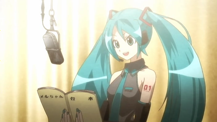 hatsune miku, sayonara zetsubou sensei, vocaloid, screencap, 00s, artistic error, crossover, microphone, solo, studio microphone, twintails