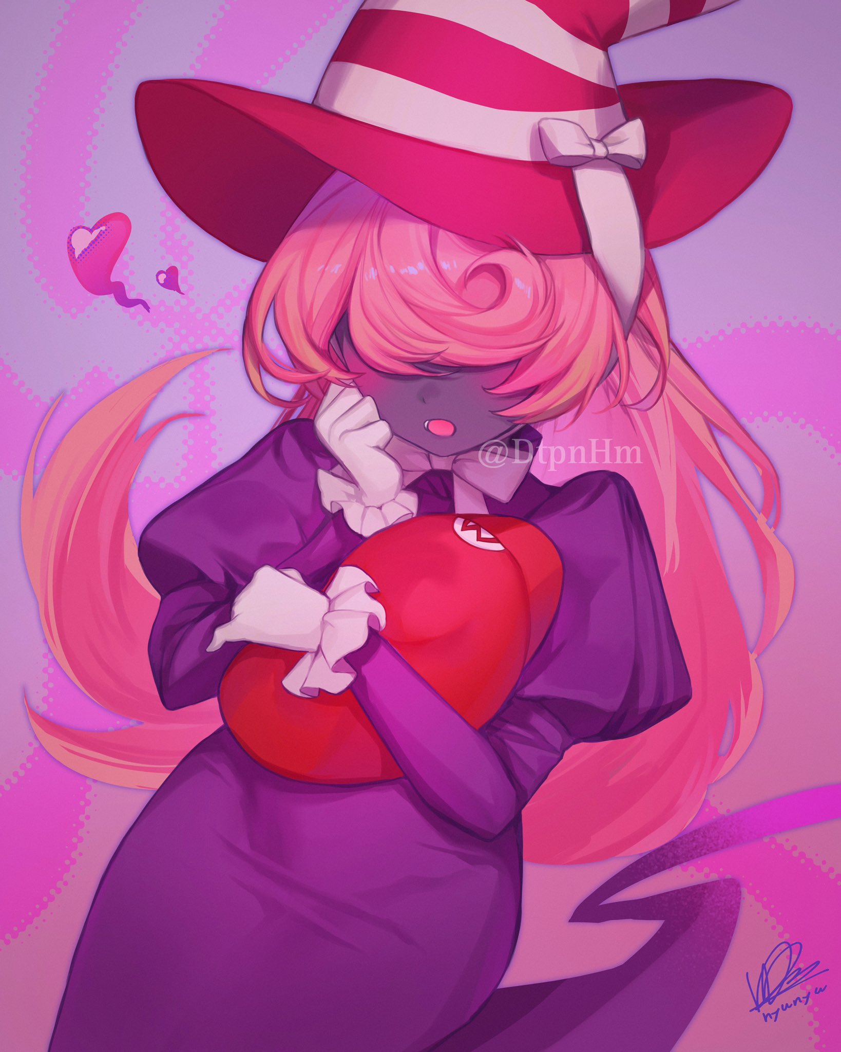 dtpnhm, vivian (paper mario), mario (series), nintendo, paper mario, paper mario: the thousand-year door, highres, 1girl, :o, artist name, blush, bow, bowtie, colored skin, covered eyes, curly hair, dress, frilled gloves, frills, gloves, grey skin, hair over eyes, hand on own cheek, hand on own face, hat, hat bow, heart, holding, holding unworn clothes, holding unworn hat, humanization, juliet sleeves, long hair, long sleeves, mario hat, open mouth, pink hair, pink hat, puffy sleeves, purple dress, red hat, signature, solo, striped hat, twitter username, unworn hat, unworn headwear, white bow, white gloves