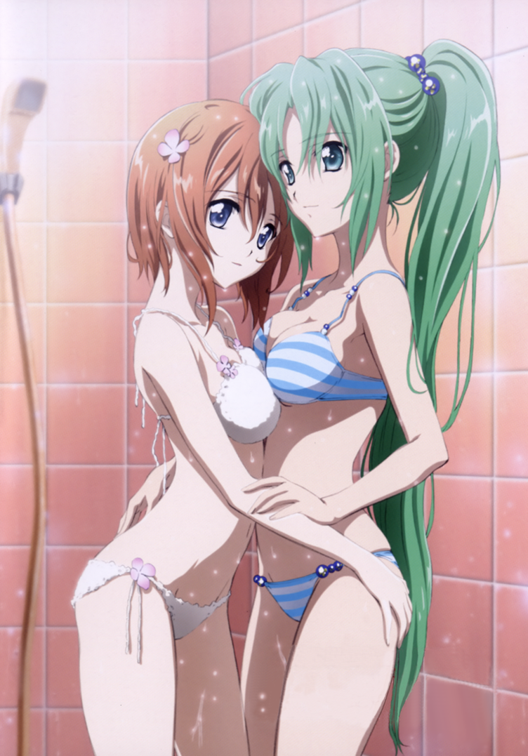 sakai kyuuta, ryuuguu rena, sonozaki mion, higurashi no naku koro ni, arm grab, ass grab, non-web source, official art, 00s, 2girls, aqua eyes, ass, bikini, blue eyes, breast press, breasts, couple, flower, green eyes, green hair, groping, hair ornament, hairclip, hand on own ass, hug, long hair, medium breasts, multiple girls, orange hair, ponytail, short hair, showering, side-tie bikini bottom, smile, swimsuit, symmetrical docking, very long hair, wet, white bikini, yuri